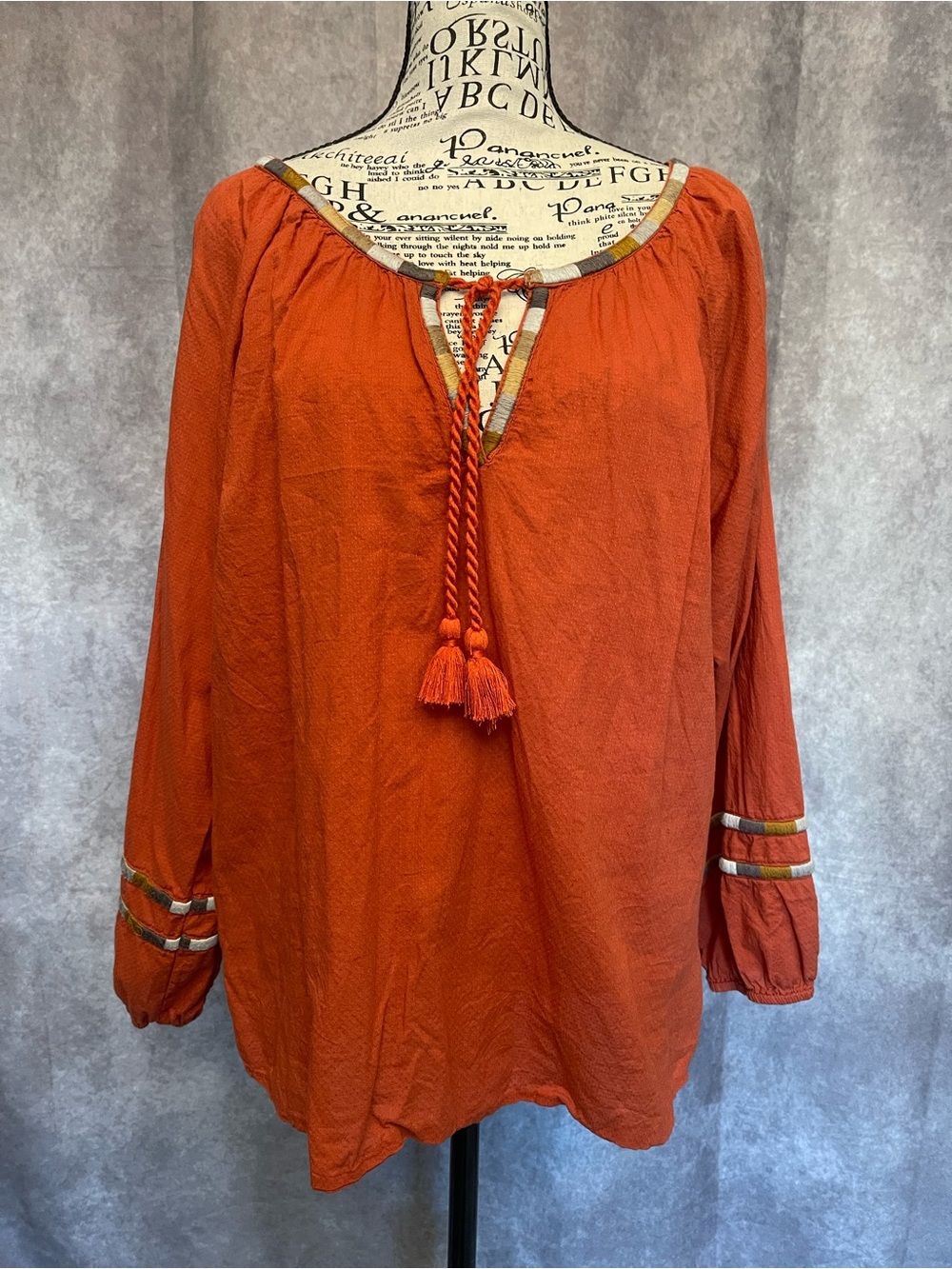 Prana Women's Orange/Rust Tassel Tie Peasant Top